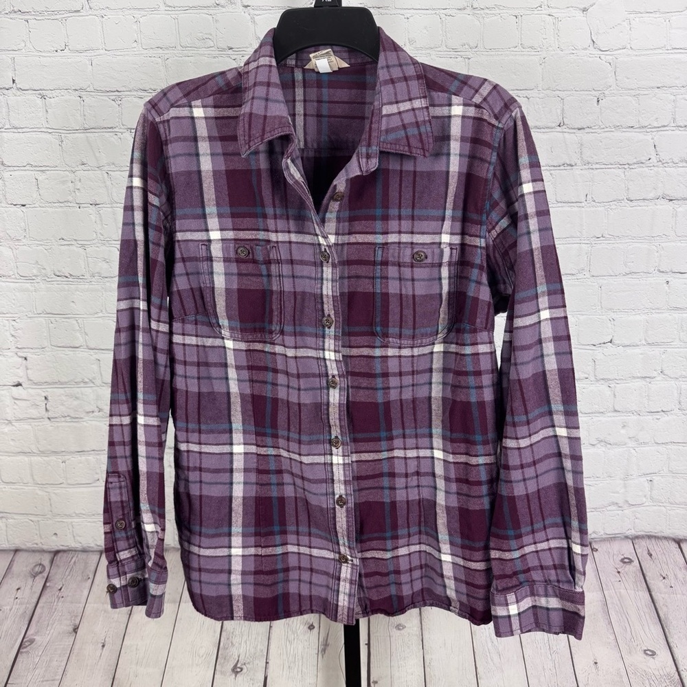 Duluth Trading Co Maroon Plaid Flannel Button Down Shirt Size Large
